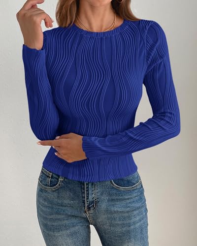Women's 2025 Spring Fashion Long Sleeve Crewneck Blouses for Slim Fit Shirts
| Textured Knit Basic T Shirts for Women's