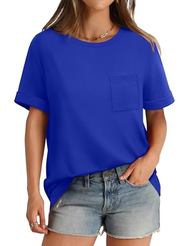 XIEERDUO Summer Tops for Women Casual Crewneck Short Sleeve Shirts Pocket Comfy
