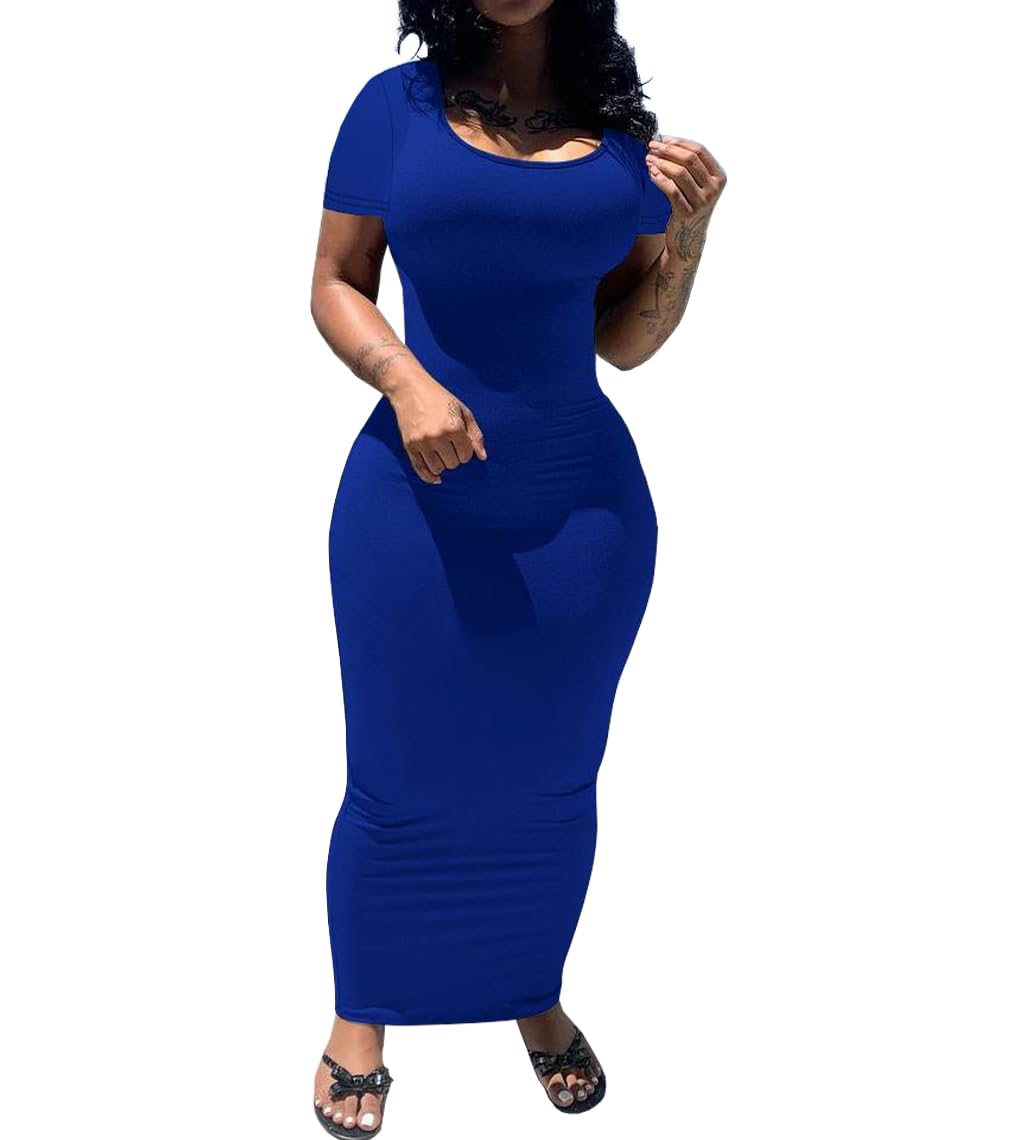 PINSV Women's Casual Maxi Dress Summer Scoop Neck Short Sleeve Fitted Dresses for Club Party