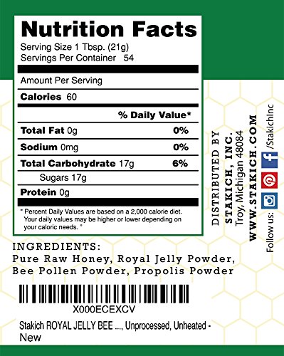 Stakich Royal Jelly, Bee Pollen, Propolis Raw Honey - Pure, Unprocessed, Unheated - For Natural Health Boost - 40 Ounce