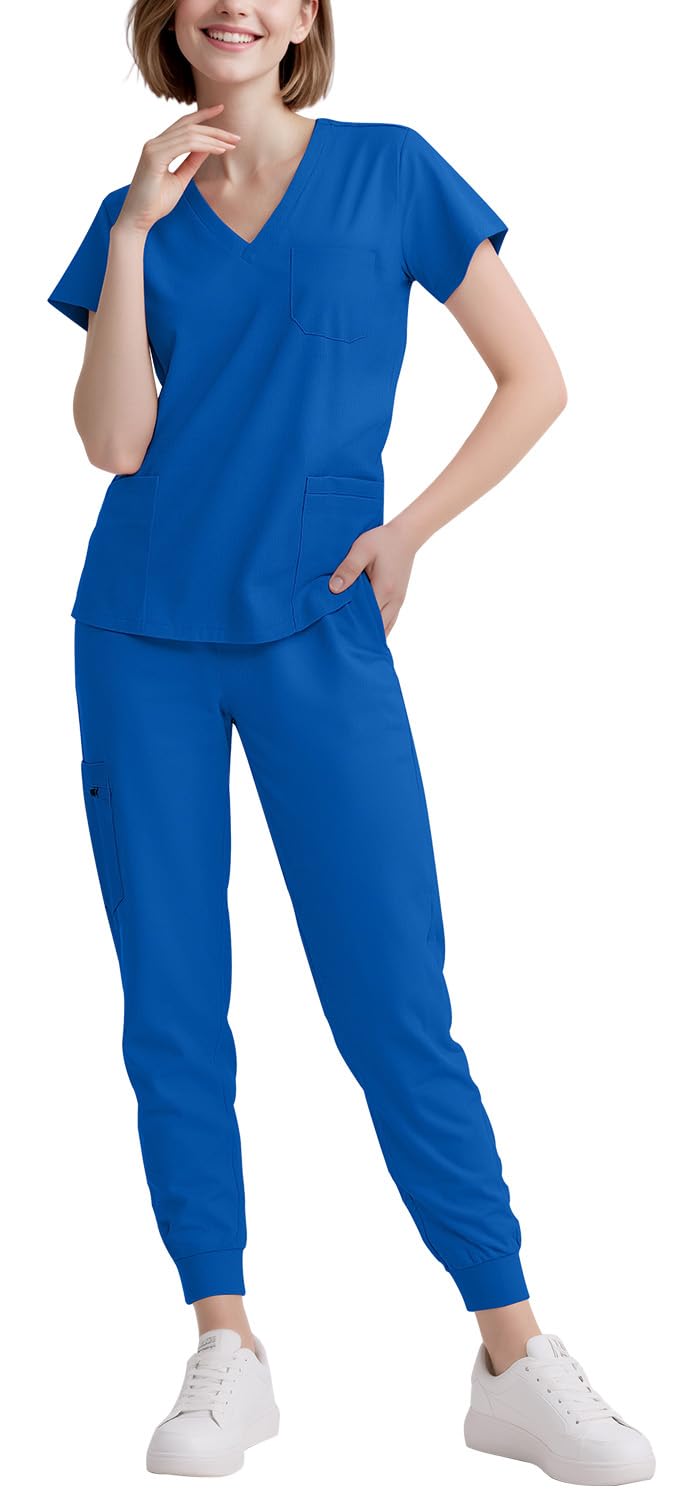 Women's 8-Pocket V-Neck Scrub Uniform Set, Stretch Jogger Pants, Medical Workwear, Pet Care