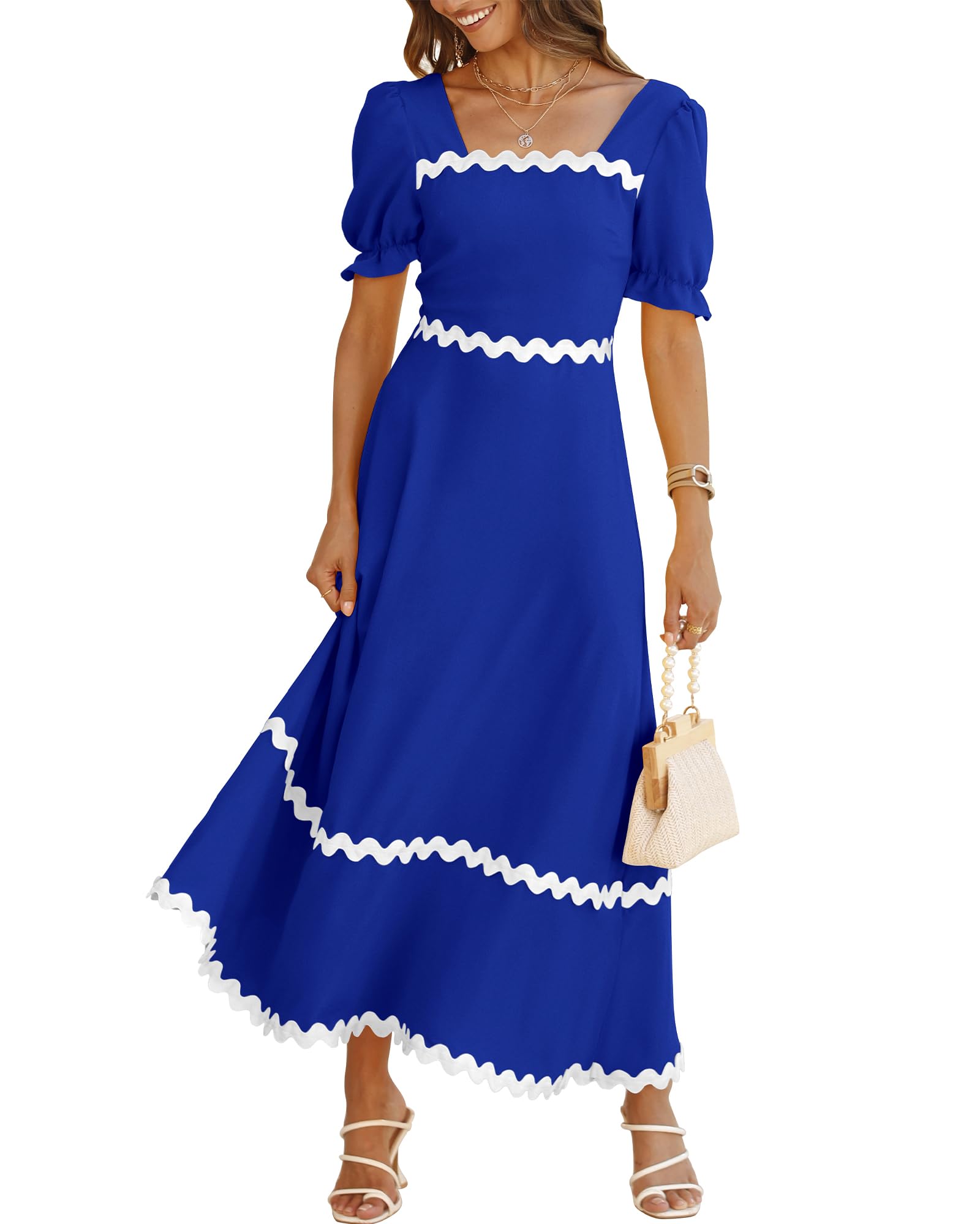 BTFBM Women's 2025 Summer Square Neck Short Puff Sleeve Maxi Dress Casual Weddings
| BTFBM Women's 2025 Summer Square N