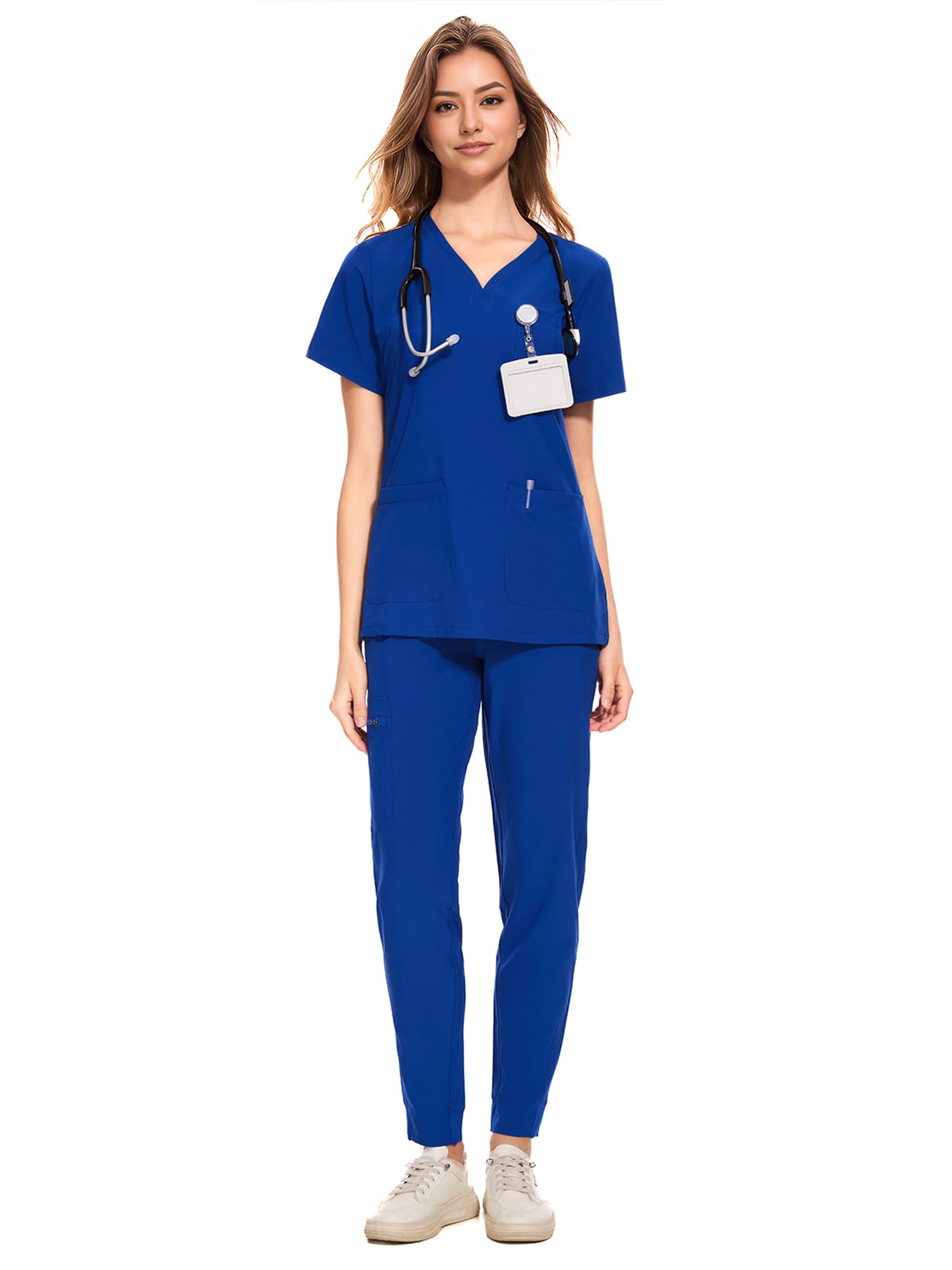 COZYFIT Medical Scrubs for Women - Global Recycled Standard Curved V-Neck Scrub Top & Jogger Pants with 8 Pockets