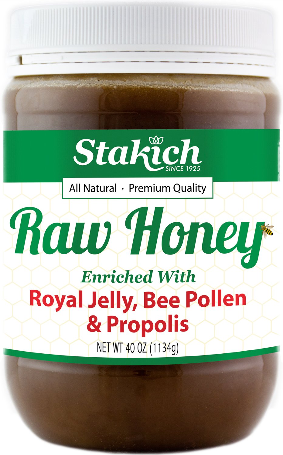 Stakich Royal Jelly, Bee Pollen, Propolis Raw Honey - Pure, Unprocessed, Unheated - For Natural Health Boost - 40 Ounce