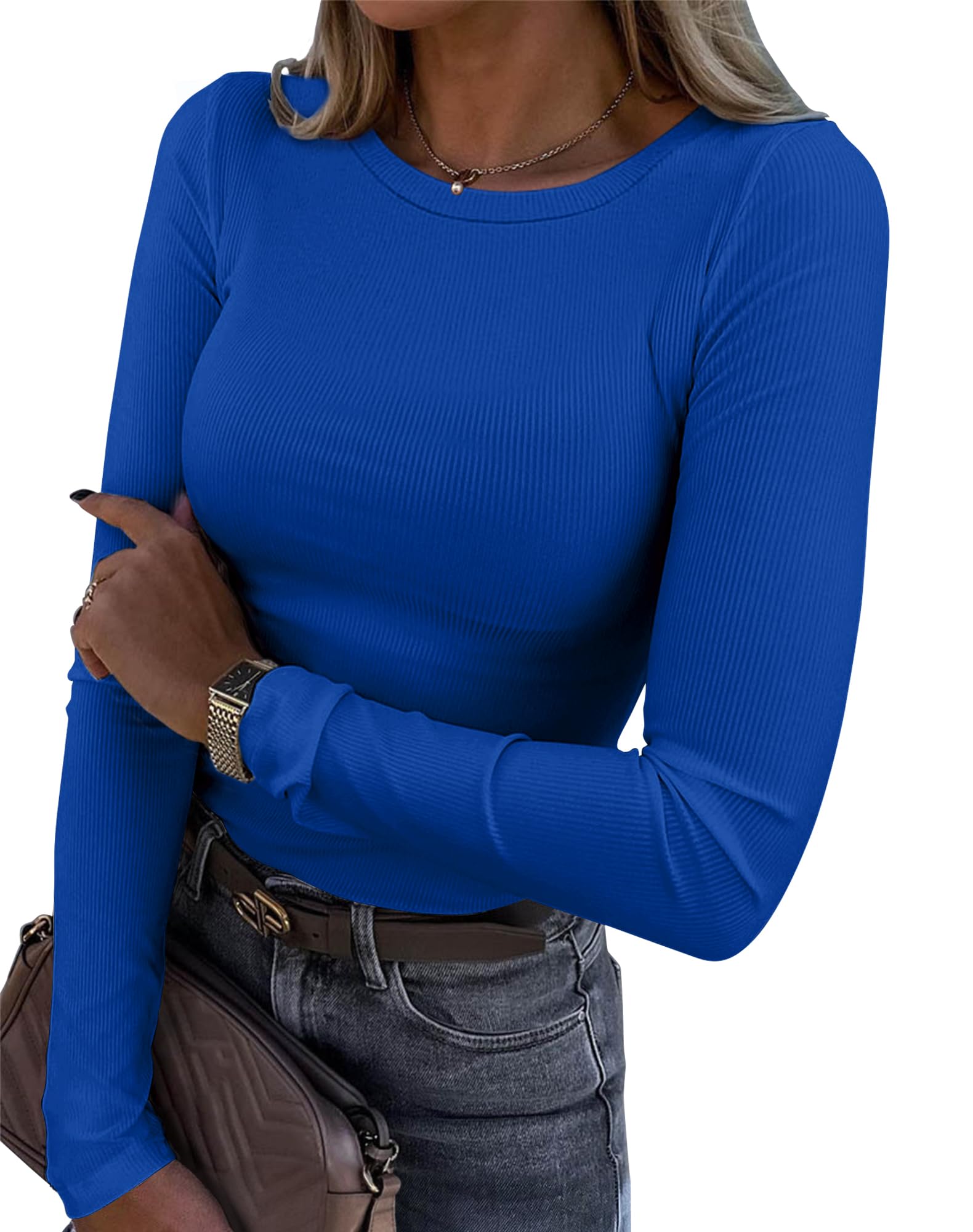 Roselux Women's Long Sleeve Stretch Crewneck Ribbed T-Shirt for Casual Wear
| Roselux Women's Fitted Long Sleeve Crewne